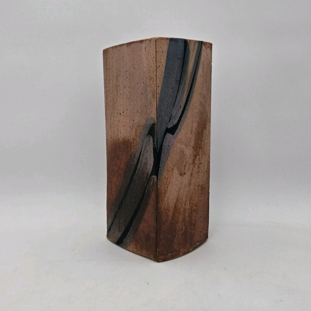 Modernist Studio Pottery Vase Singed HYUNG 10.5" Abstract Slab Stoneware Brown B